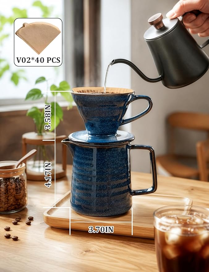 Pour Over Coffee Maker, Ceramic Coffee Dripper Set with 40pcs Paper Filters, 15oz/450ml Capacity, Unique Starry Blue Glaze, Compact Size 3.58" x 4.47" x 3.70" for Home Office or Gift