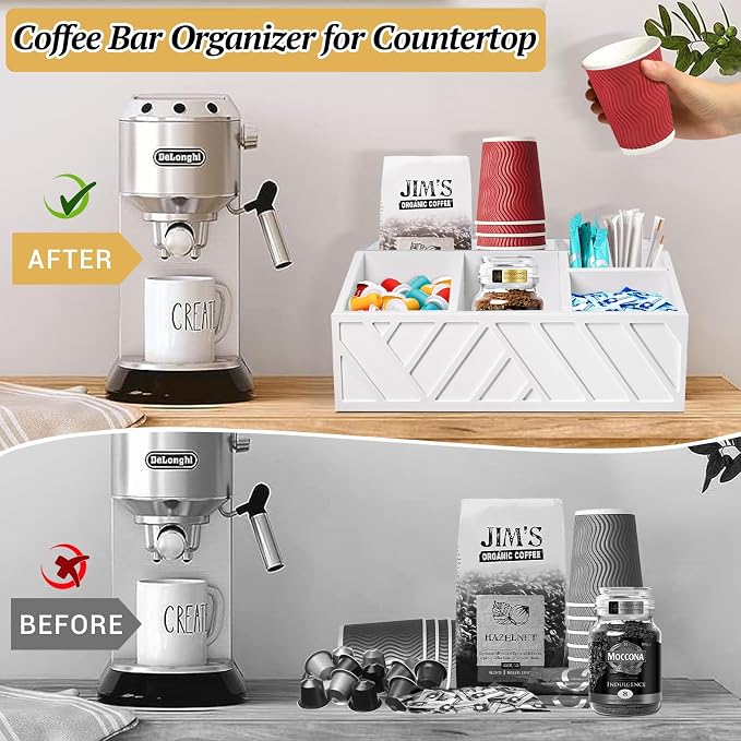 ugiftt Coffee Station Organizer for Counter, Wood Pods Holder Storage Basket, Tea Condiment Storage Organizer, Rustic Coffee Bar Decor for Accessories Organizer