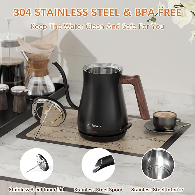Anfilank Gooseneck Electric Kettle with Thermometer, 0.8L Small Electric Tea Kettle, 1200W Fast Heat, Precision Pour for Coffee & Tea, Auto Shut Off & Dry Boil Protection, Stainless Steel