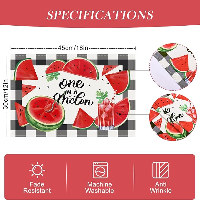 Bonhause Summer Watermelon Placemats Set of 4, 12x18 Inch Black White Buffalo Plaid Fruit Juice Kitchen Dining Table Mats Washable Place Mats for Indoor Outdoor Home Party Decor