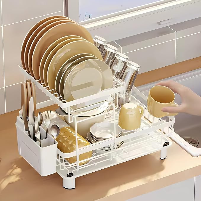 Small 2 Tier Dish Drying Rack, Space Saving Dish Racks for Kitchen Counter, Kitchen Organizer Dish Drainer with Cutlery Holder for Spoons and Forks, 11''W x 15''L, White
