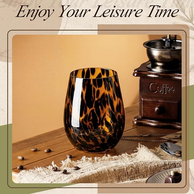 SiliFine 1 Pcs Tortoise Shell Wine Glasses, 16oz Vintage Brown Decorative Glassware, Aesthetic Hand Blown Leopard Print Stemless Drinkware for Cocktail, Gin, Gifts for Party, Housewarming