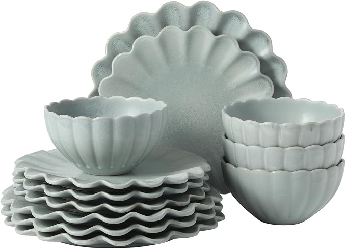 Gibson Elite Bistro Fleur Plates and Bowls Sets, 12-Piece Stoneware Dinnerware Set for 4, Sage Blue Scalloped Dish Set with Dinner Plates, Salad Plates & Bowls