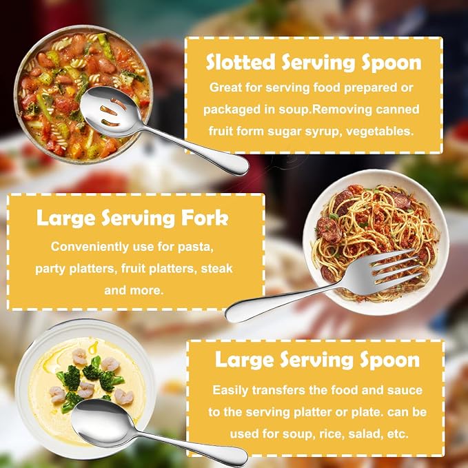 8 PCS Stainless Steel Serving Utensils, Large Serving Spoons Slotted Spoons, Forks, Ice Suger Tongs, Cake Server, Soup Ladle, Metal Utensils Set Great for Buffet Catering Banquet Party, Silver