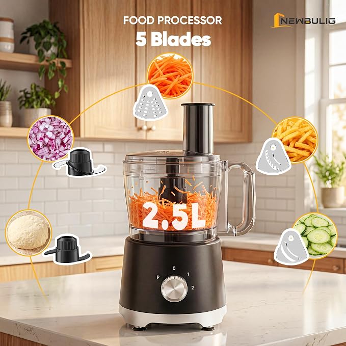 NEWBULIG 10.5 Cups Food Processor, Versatile Food processors with 5 Blades, 600W Powerful Meat Grinder for Slicing, Shredding, Chopping, Kneading, Dishwasher Safe, for Meat, Vegetables, Fruit, Dough