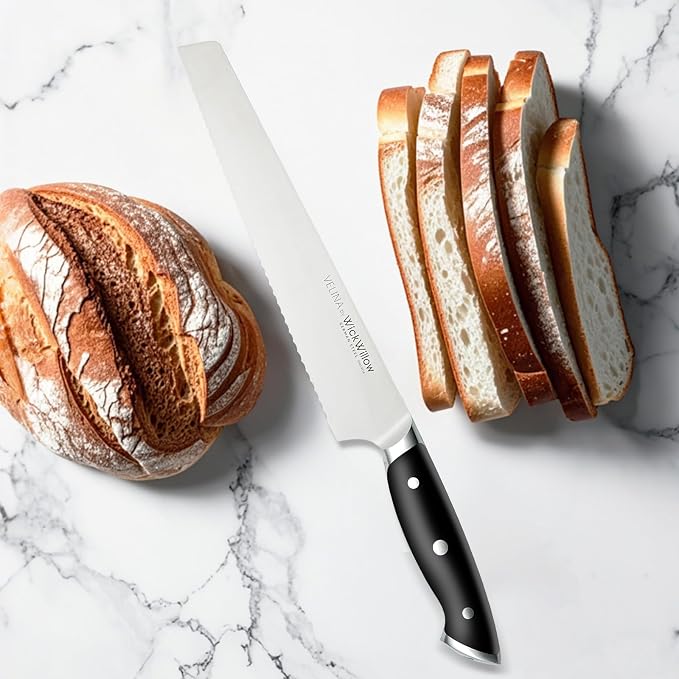 WICKWILLOW 10” Bread Knife – Razor Sharp German High-Carbon Stainless Steel | Cleanly slices homemade bread, sourdough and pastries with long-lasting serrated performance. Gift-Ready.