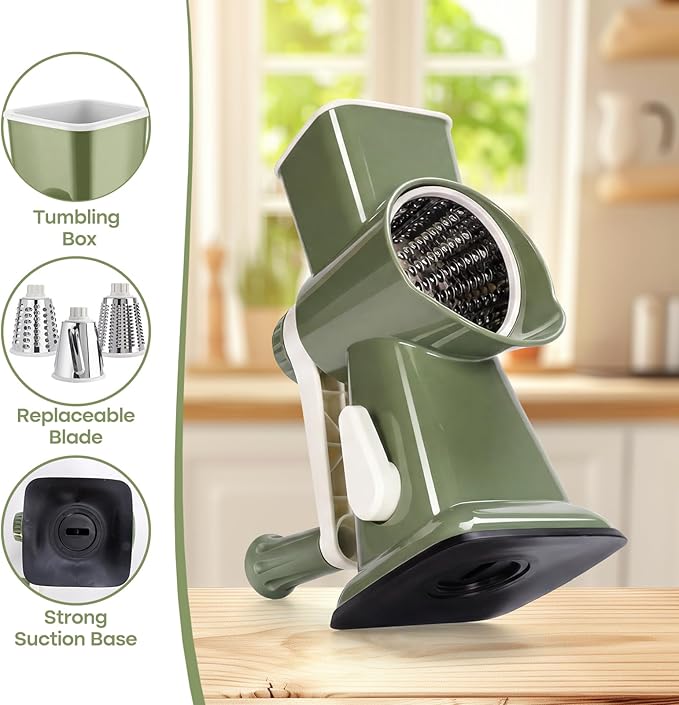 Rotary Cheese Grater, Cheese Grater Hand Crank, 3-Blade Grater | 3 stainless steel drums create fine shreds,coarse grates and slices for cheese, vegetables, salads, pizza and daily meal prep