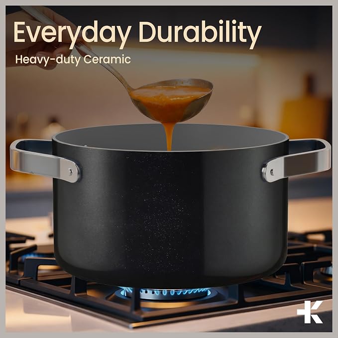 Bakken 5 Quart Ceramic Coated Stock Pot with Lid, Easy to Clean Nonstick Pot, Tempered Glass Lid, Riveted Stainless Steel Handles, Oven Safe Up To 500°F, PTFE & PFAS Free, All Stove Compatible, Black