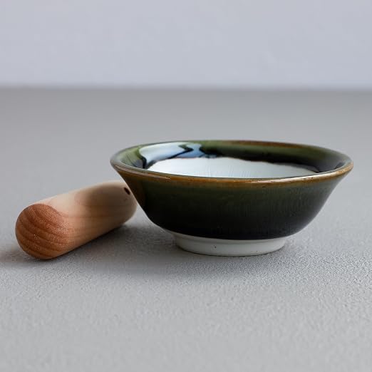 Asayu Japan Ceramic Mortar Bowl 4.29in (109mm) with Wooden Pestle, Made in Japan Dishwasher and Microwave Safe Ripple Ridge Suribachi and Surigoki Set - Olive Green Mortar and Pestle Set