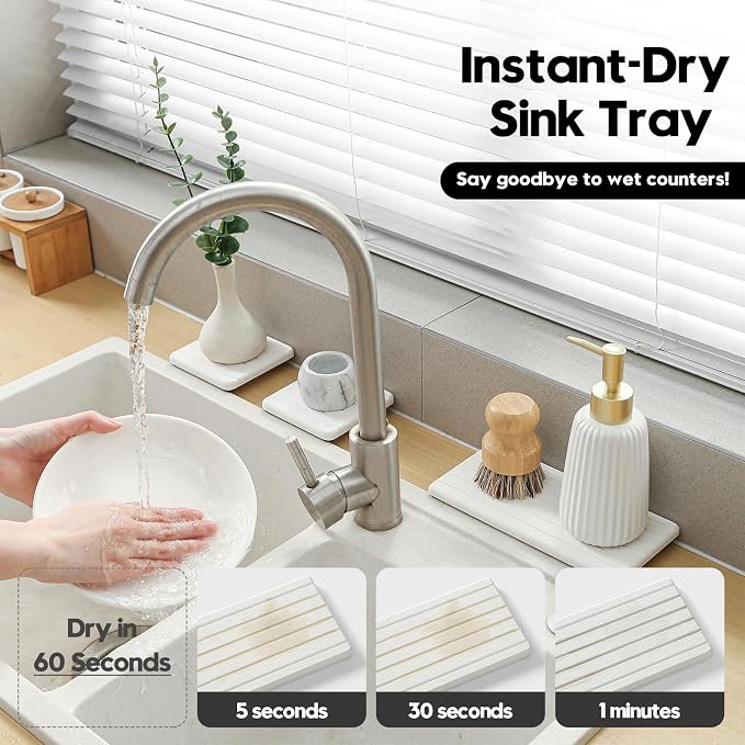 3 Pack Water Absorbent Diatomite Coasters, Stone Drying Mat for Kitchen Counter, Bathroom Sink Organizer Tray, Compact Vanity Rack, Soap Holder Caddy, Faucet Splash Guard, White 8"x3.8"