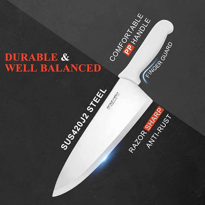 10" Professional Chef Knife, High Carbon Steel, Ergonomic (White) | 10" High Carbon Stainless Steel,Versatile wide-blade chef knife,Non-Slip Ergonomic Handle,Durable, Stain-Resistant & Sharp.