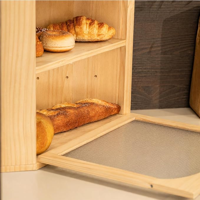 Corner Bread Box for Kitchen Countertop, Solid Wood, Natural | 2-Tier Large Capacity, Wooden Bread Box, Vintage Farmhouse Breadbox, Pine Wood, Bread Storage Container, Adjustable Shelf