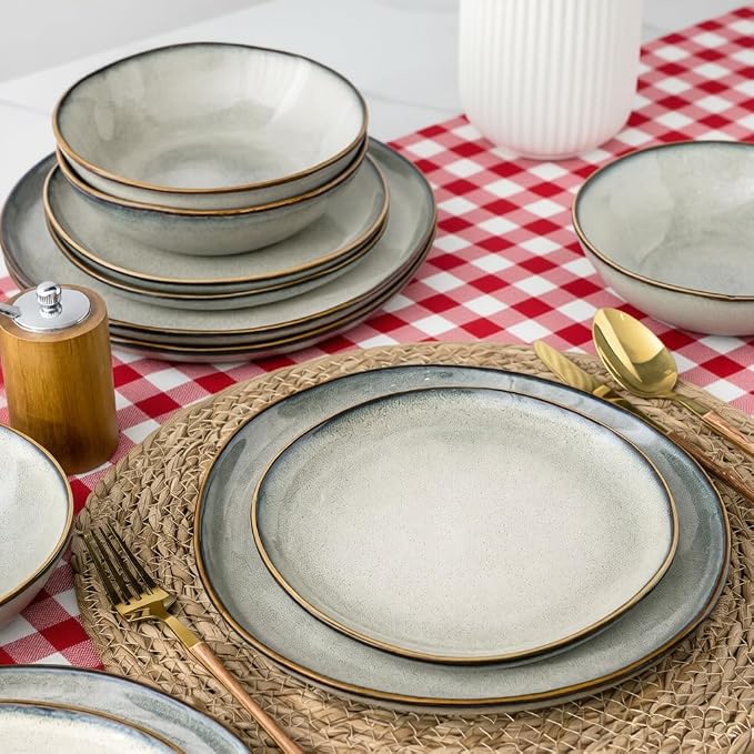 AmorArc Ceramic Dinnerware Sets for 6, 18Pcs Plates and Bowls Sets Dishes | Stoneware Handmade Reactive Glaze Dinner Set, Highly Scratch Resistant | Dishwasher & Microwave Safe Dishware