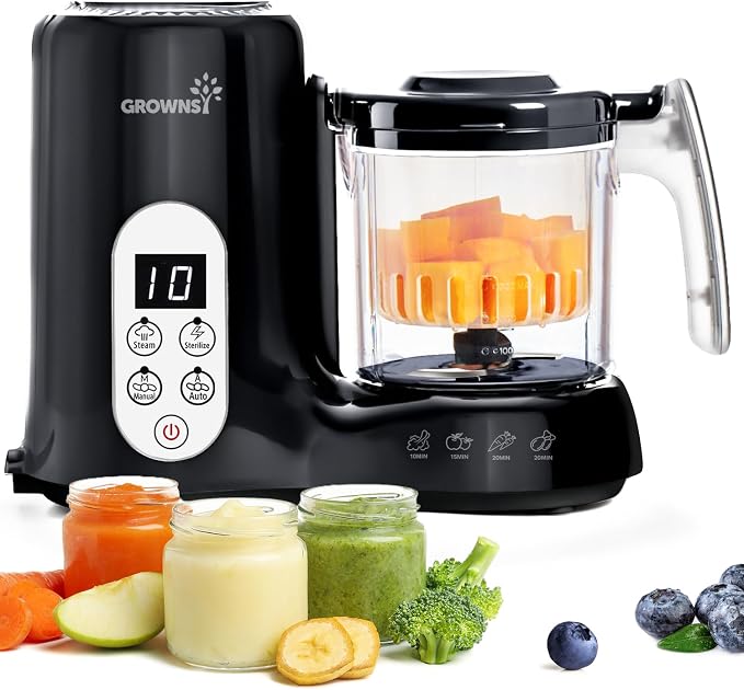 Grownsy Baby Food Maker, Steamer & Blender Baby Food Processor, Black | BPA-Free Elevated Steam Basket, Healthy Homemade Baby Food Purees, Starting Solids & BLW, Baby Feeding Essentials, 6+ Months