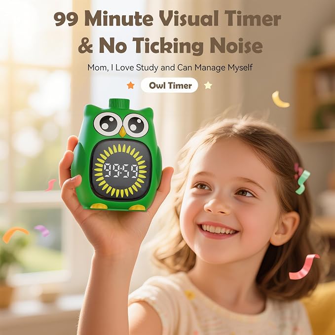 Doli Yearning Visual Timer for Kids, 99 Minute Countdown Timer Green | Owl Digital Timer for Home School Classroom Supplies Study, Silent Time Management Tool