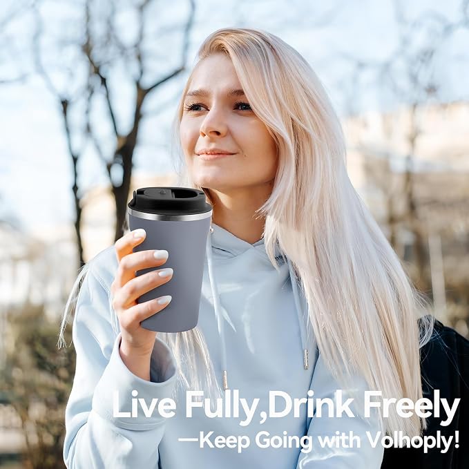 Volhoply 12 oz Double Wall Insulated Vacuum Travel Coffee Mug with Flip Lid,Reusable Stainless Steel Leak Proof Coffee Cup,Portable Iced Cafe Thermal Tumbler Suitable for Hot & Cold Drinks(Gray,1 Set)