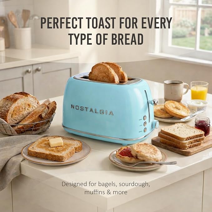 Nostalgia Classic Retro 2-Slice Toaster- Vintage Design- Enamel Coated Steel Body- Wide Slots for all Breads- Crumb Tray, Cord Storage- Defrost,Cancel and Bagel Function & 6 Toasting Levels- Aqua