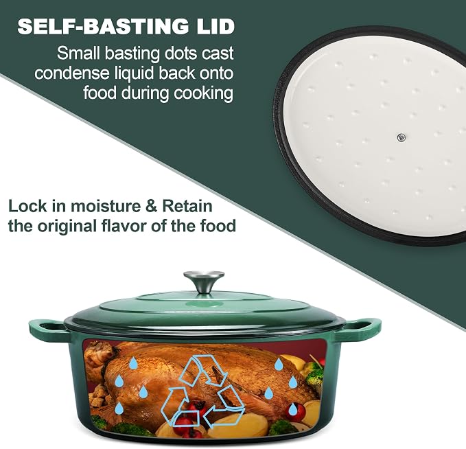 E-far 5QT Oval Dutch Oven Pot with Lid, Enameled Cast Iron Dutch Oven | with Dual Handles for Homemade Sourdough Bread Baking, Nonstick Enamel Coated Cookware, Non-Toxic & Easy Clean, Dark Green