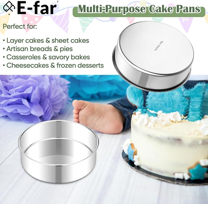 E-far 7 Inch Cake Pan Set of 2, Stainless Steel Round Baking Pans Tins Mold | Non-Toxic & Leak-Proof for Birthday Wedding Layer Tiered Cake, Easy Clean & Dishwasher Safe