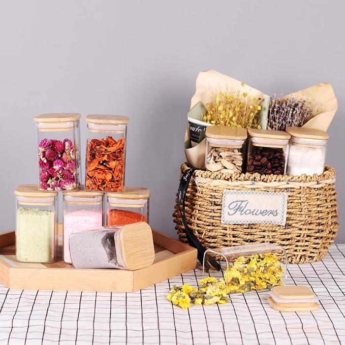 Tzerotone 10 Pcs Glass Spice Jars - 8oz Empty Square Spice Storage Containers With Bamboo Airtight Lid and Labels - Thicken Small Glass canister for Kitchen Seasoning,Coffee Bean,Tea,Suger,Herbs