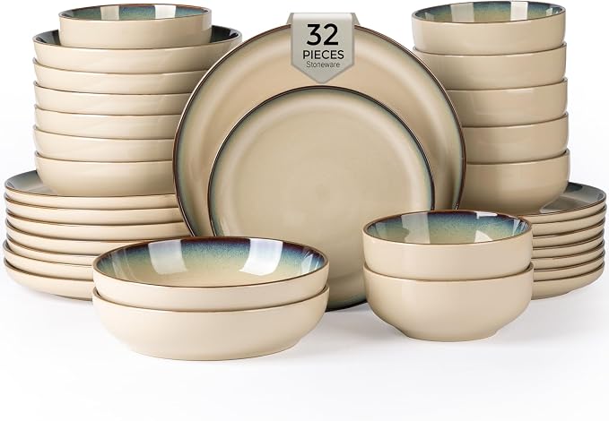 GBHOME Dinnerware Sets for 8, 32 Pieces Ceramic Plates and Bowls Set | Scratch Resistant Stoneware Dishes Set, Dishwasher & Microwave Safe, Reactive Glaze-Pale Khaki