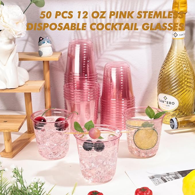 KesaPlan 50Pcs 12oz Pink Plastic Party Cups, Disposable Wine Cocktail Cups | Cute Clear Stemless Glass, Round Bottom PET Cold Drink Cups for Valentine's Galentine's Day Wedding Christmas Bridal Shower