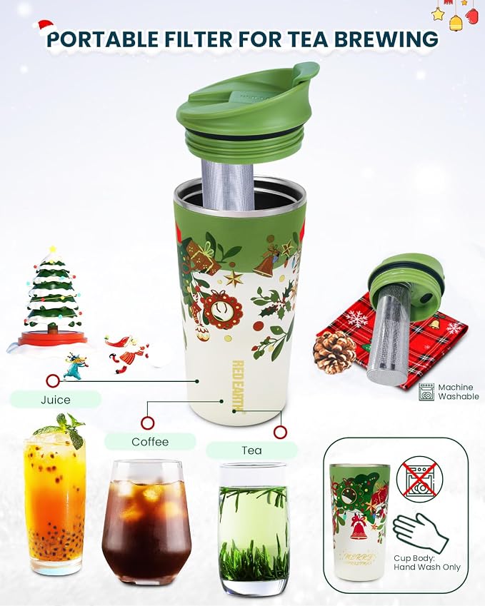GiNT 17oz Christmas Tea Cup with Infuser and Lid - 4D Gold Foil Pattern (Bells & Holly), 316 Stainless Steel Double Wall Vacuum Insulated Travel Tea Mug, Leak-Free, for Commuting/Camping Gifts