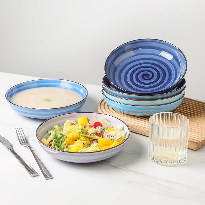 KitchenTour Large Pasta Bowls, 34 Ounce Ceramic Salad Bowl Plates, Set of 6 | Dinner Plate Bowl Set, 8.6 Inch, Wide and Shallow for Soup, Dishwasher and Microwave Safe, Ocean Swirl