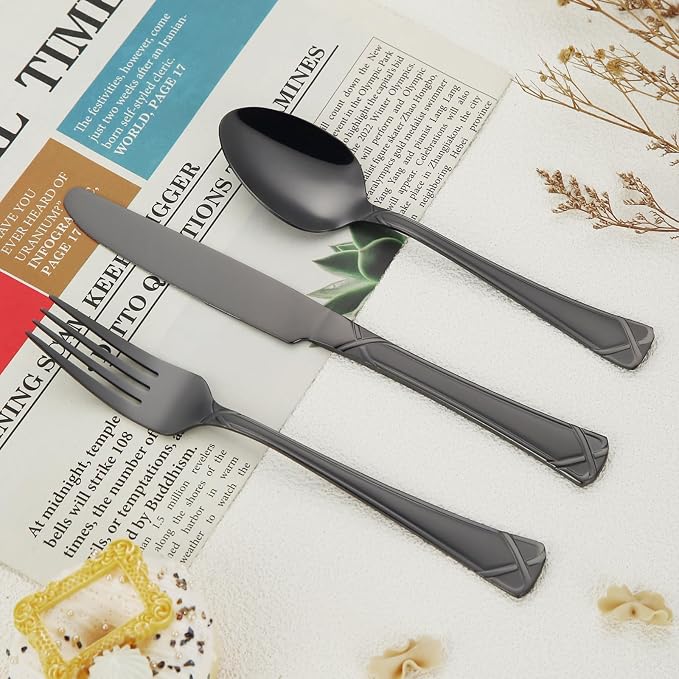 30-Piece Black Silverware Set, Stainless Steel Flatware Set Cutlery Set include Knives, Forks and Spoons Service for 6, Mirror Polished