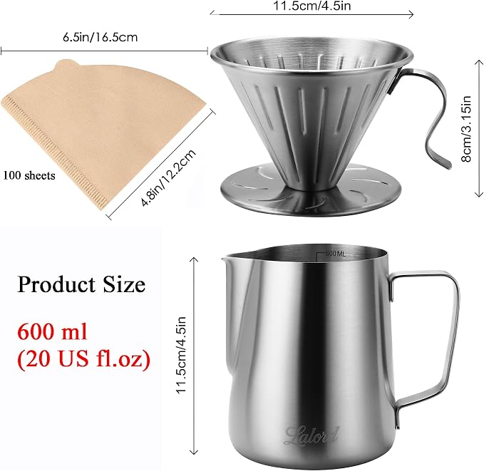 Lalord Pour Over Coffee Maker, 304 Stainless Steel wIth 100 pcs Paper Filters & 600ml Milk Frothing Pitcher, for Home & Camping