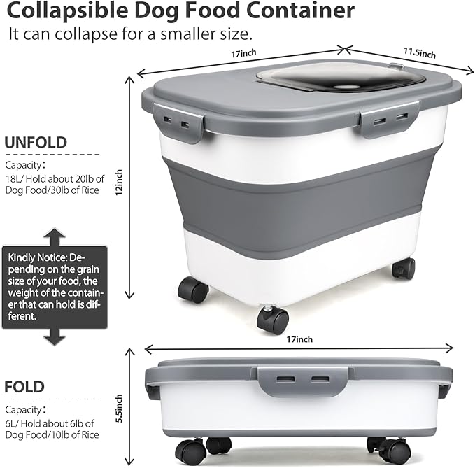 Viretec Dog Food Storage Container, 10-20Lbs Collapsible Pet Food Storage Containers with Rolling Wheel Airtight Locking Lid, Dry Food Storage Bin with Cup and Scoop,Suitable for Pet Food, Rice, Flour