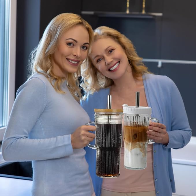 Birity 24oz Ribbed Glass Cup with Lids and Straws,2Pack Glass Tumbler with Handle,Reusable lced Coffee Cups with lids-Glass Cups with Lids,Mason Jar Cup for Smoothie,Coffee,Juice,Water,Tea,Travel Mug