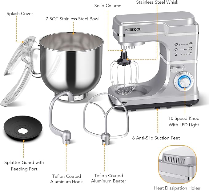 7.5 Qt Stand Food Mixer for Home Cooks, 660W Tilt-Head Electric Kitchen Mixer with 10 Speeds, Stainless Steel Bowl & Attachments for Baking and Dough Hook, Whisk, Beater, Splash Guard, Silver