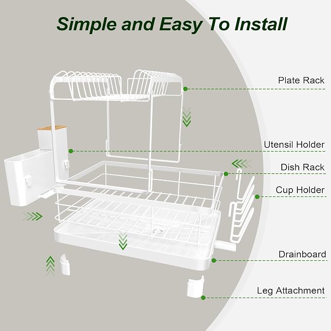 Runnatal 2-Tier Dish Drying Rack with Drainboard for Kitchen Counter | Large Dish Rack Anti-Rust Dish Drainers with Utensil Holder, Extra Cup Holder, White