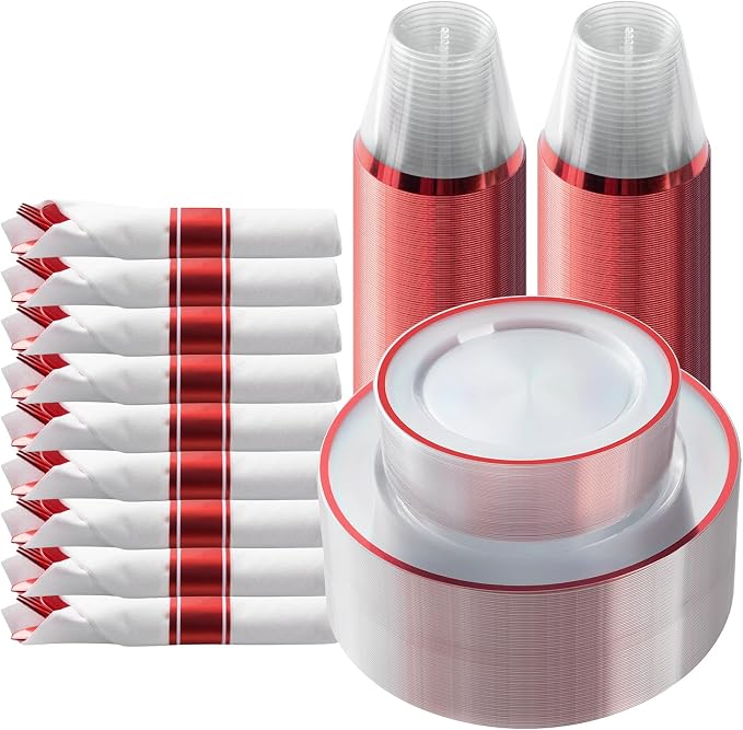 175 Pcs Clear Red Plastic Dinnerware Sets for Party for 25 Guests | Red Plastic Plates Include: 50 Plastic Plates, 25 Pre Rolled Napkins with Cutlery Set, 25 Cups for Birthday, Christmas
