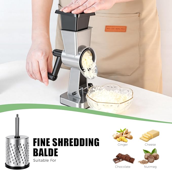 Rotary Cheese Grater Stainless Steel Manual Cheese Shredder Grater Walnuts Grinder with 3 Interchangeable Drum Blades for Chocolate, Cheese and Nuts