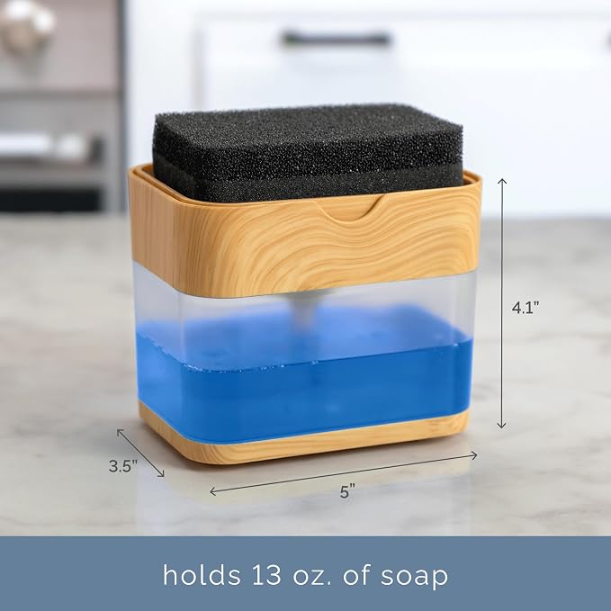 S&T INC. Dish Soap Dispenser and Sponge Holder, Plastic Bamboo | Patented Design, Holds 13 Fluid Ounces, Sponge and Waterproof Labels Included, Non-Slip Feet