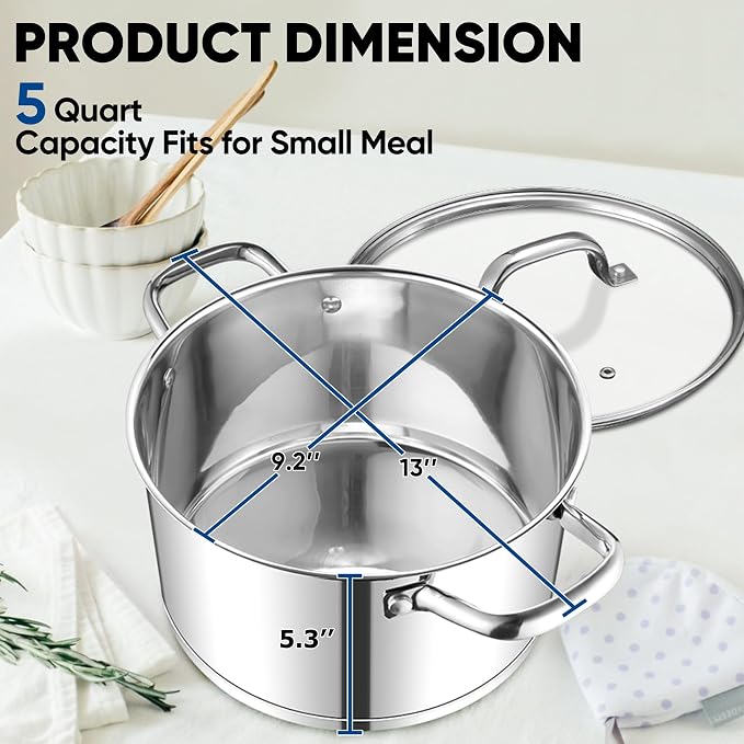 TeamFar 5 QT Stock Pot, Tri-ply Bottom Stainless Steel Stockpot | Cooking Soup Pasta Pot with Lid for Gas/Induction/Electric Stoves, Non-toxic & Heavy Duty, Double Handles & Dishwasher Safe