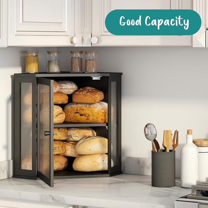 Corner Bread Box, Large Bamboo Bread Box for Kitchen Countertop, 2 Tier Wooden Bread Storage, Black