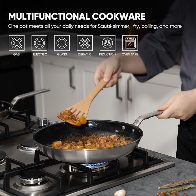 12 Inch 5-Ply Ceramic Nonstick Frying Pan | PTFE/PFOA/PFAS-Free, Oven Safe up to 650°F, Induction Ready, Easy to Clean, Even Heat, For Large Families