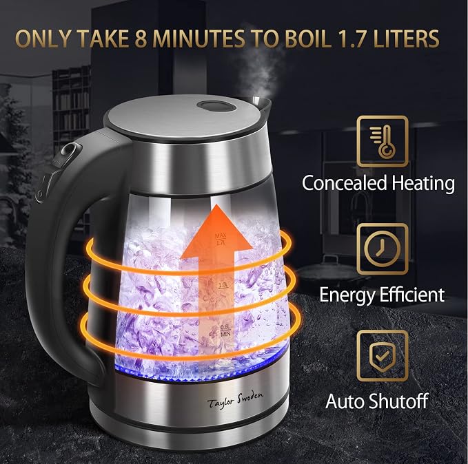 Taylor Swoden 1.7L Electric Tea Kettle, Glass Hot Water Boiler for Tea | Fast Boiling Electric Kettle Cordless Water Boiler with Auto Shutoff & Boil Dry Protection, Glass & Stainless Steel