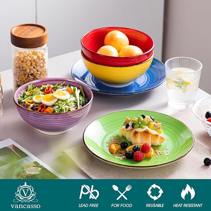 vancasso Bonita Dinnerware Sets, 24 Pieces Multicolor Stoneware Dinner Set | Handpainted Spirals Pattern Ceramic Plates and Bowls Sets, Kitchen Plate Set for 6 Dishes Sets-Microwave and Dishwasher Safe