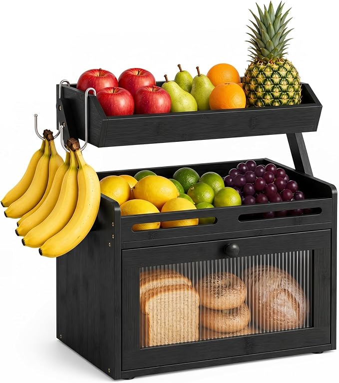 Bread Box for Kitchen Countertop, Bamboo Bread Storage with Fruit Basket | Black, Raised-Rail Shelves, 2 Banana Hooks, Clear Window, Magnetic Closure, Keeps Loaves, Jars, Snacks, Bananas Organized