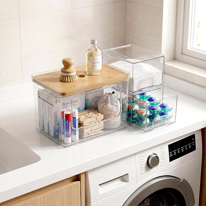 Hudgan Under Sink Organizers 3 in 1, Stackable Acrylic Bathroom Storage, Trash Bag Dispenser and Dishwasher Pods Holder for Kitchen and Laundry Room Organization
