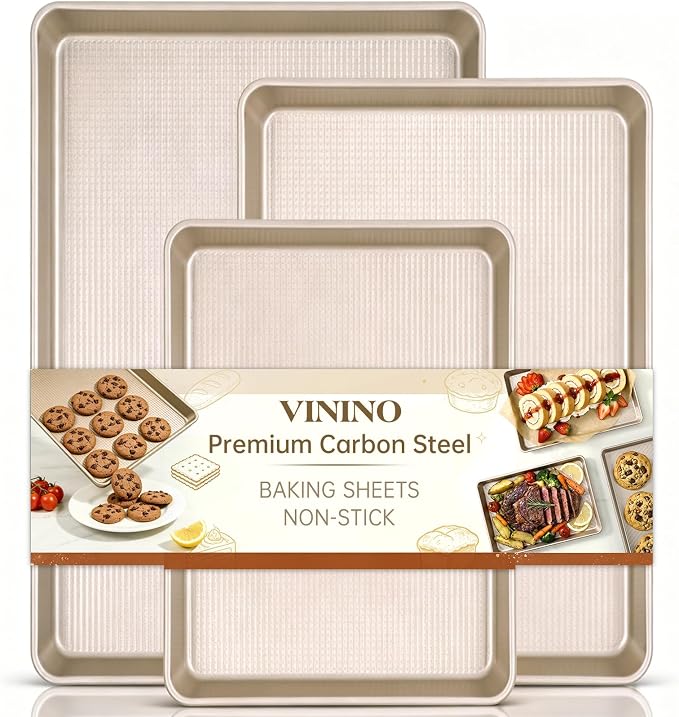 Vinino Baking Sheet Set of 3, Cookie Sheets For Baking with Square Texture Pattern, Thicker Carbon Steel Non-stick Baking Pan Half/Quarter/Jelly Roll Pans Tray for Oven