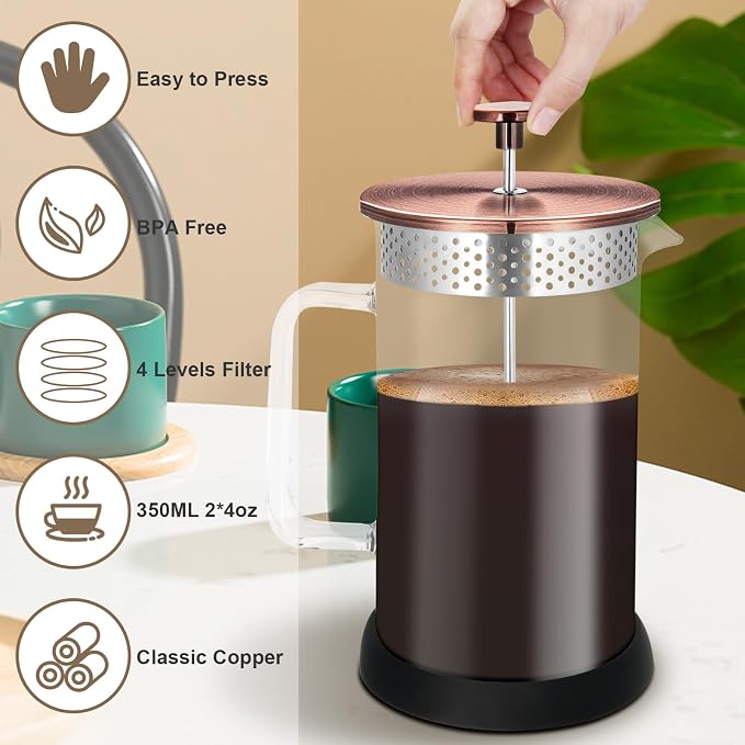 Mini French Press Coffee Maker-304 Stainless Steel Grilles, Borosilicate Glass Small Coffee Press,Non-slip Silicone Base-12 oz /350 ml with 2 Filter Screen-2 Cup Teapot