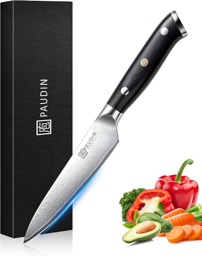 PAUDIN Utility Knife 5'', 67-Layer Forged Damascus Kitchen Knives | Ultra Sharp Petty Knife, Paring Knives for Cutting Fruit and Vegetables, Full Tang G10 Handle with Triple Rivets