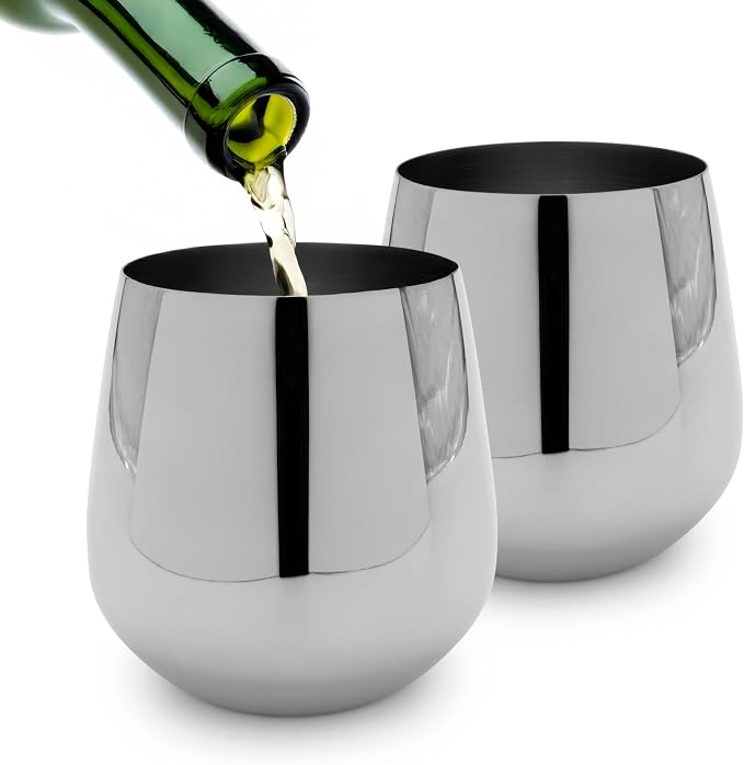 K&K Home Silver Stainless Steel Unbreakable Silver Stemless Wine Glasses - 15 oz - Set of 4 Colored, Stemless Metal Wine Glasses Perfect for Outdoors, Weddings, and Parties