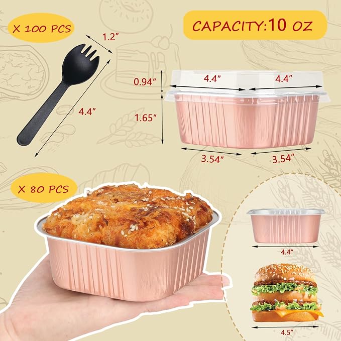 LNYZQUS 80 Pack 10oz Mini Cake Pans with Lids and Spoons for Bake Sales | Disposable, 4" Individual Baking Tins, Square Cinnamon Roll Containers, Small Foil Dessert Cups for Farm Stand, Champagne