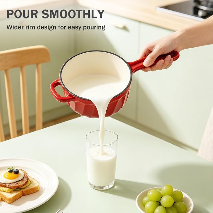 Enameled Cast Iron Sauce Pan with Lid, 2 Quart Saucepan with Lid | Dutch Oven with Lid, Small Cast Iron Pot for Cooking Pasta, Soup, Milk, Induction & Oven Safe Up to 500°F, Red
